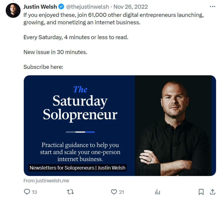 The Saturday Solopreneur newsletter promotion on X by Justin Welsh